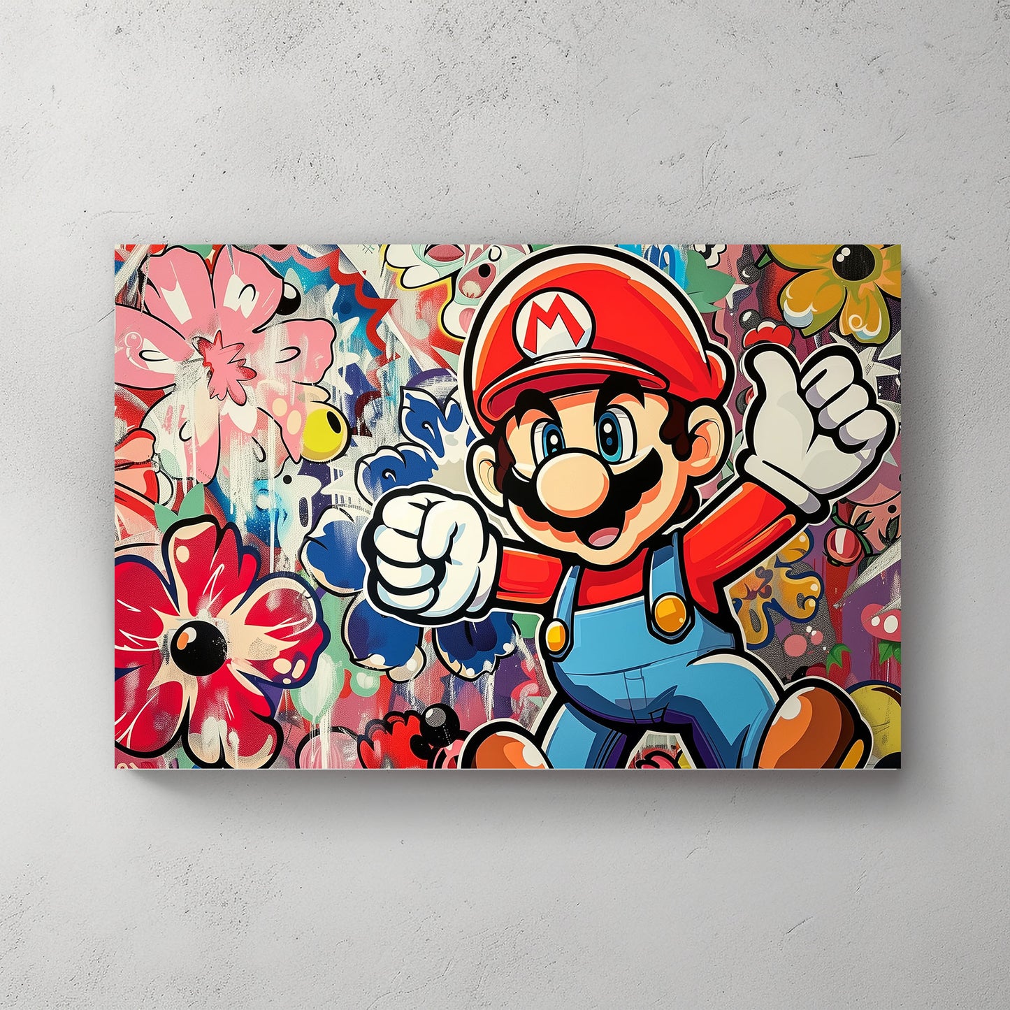 A colorful canvas print featuring the character Mario from a popular video game