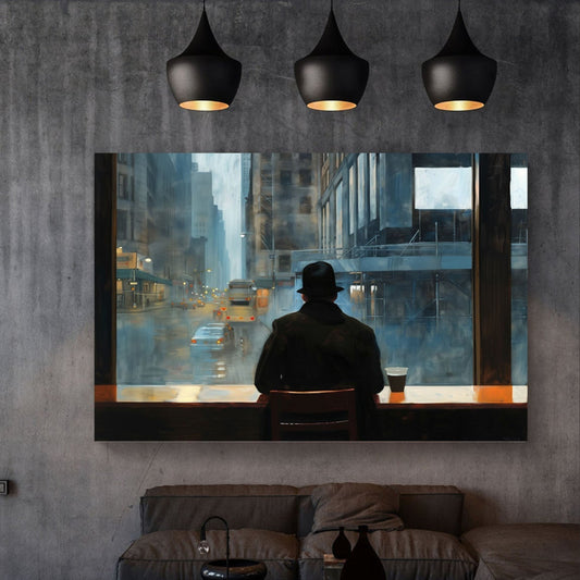 Canvas wall art of aman in a café by a rain-drenched city window, inspired by Edward Hopper's realism.