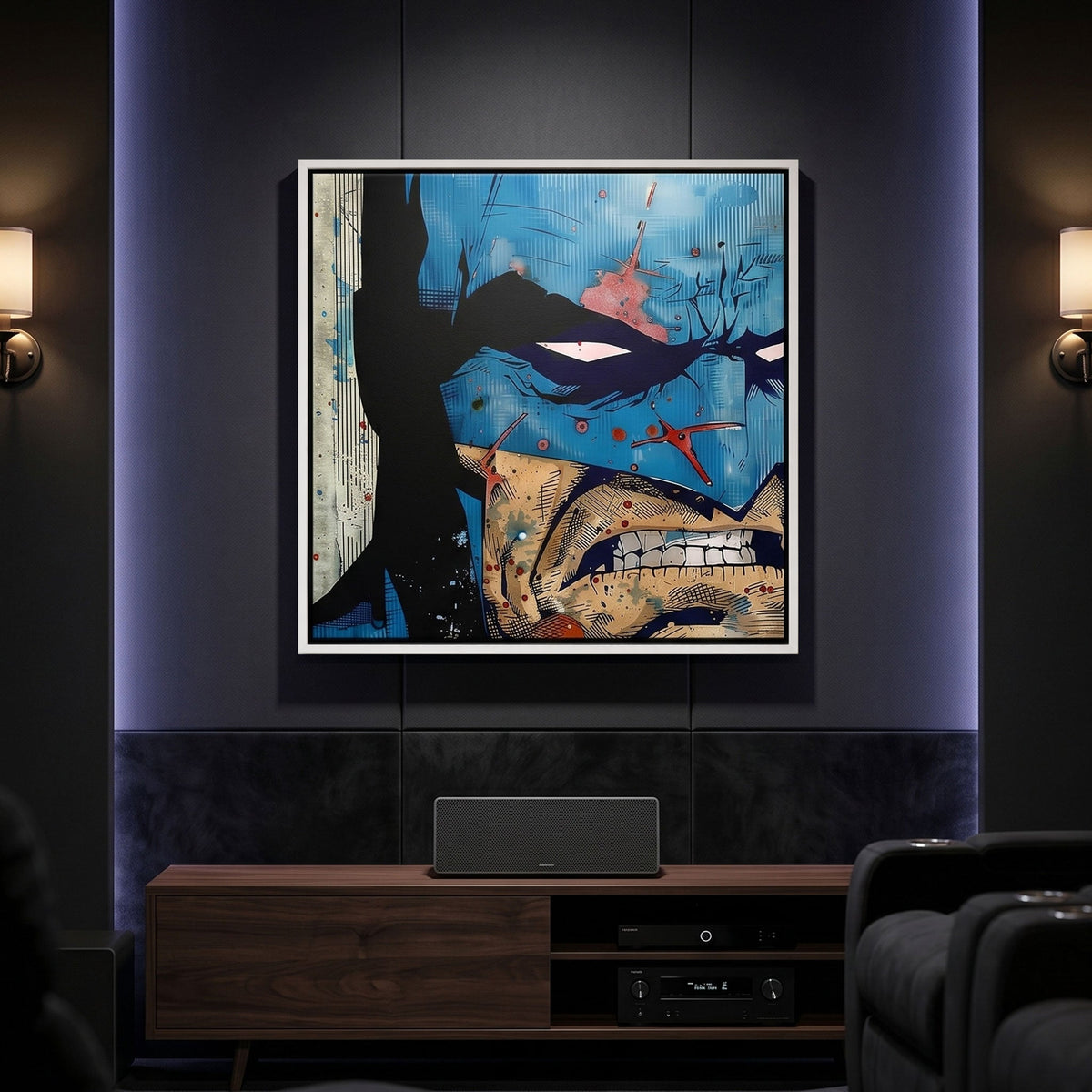Batman canvas print on a wall above a black leather sofa in a living room.