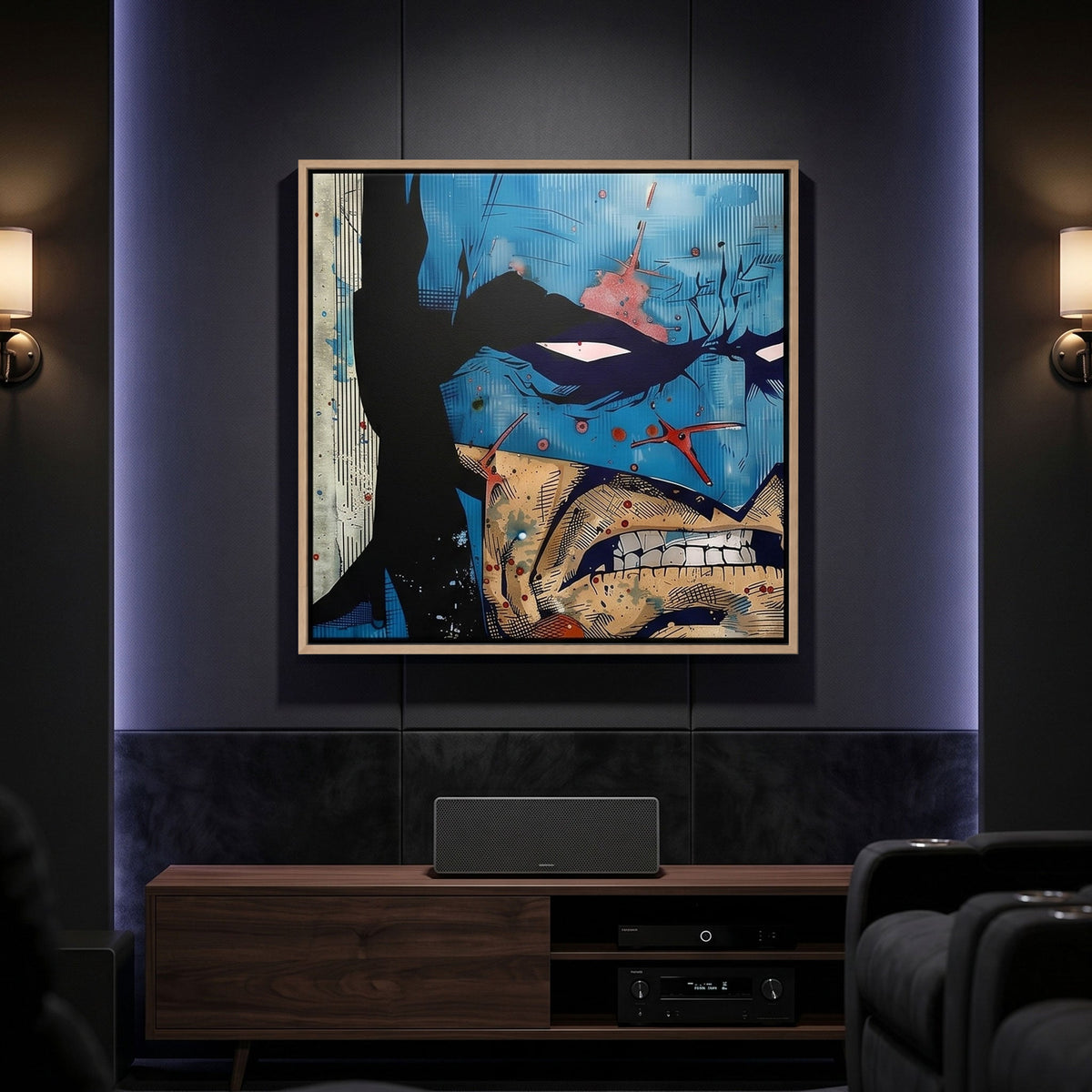 Batman canvas print on a wall above a black leather sofa in a living room.