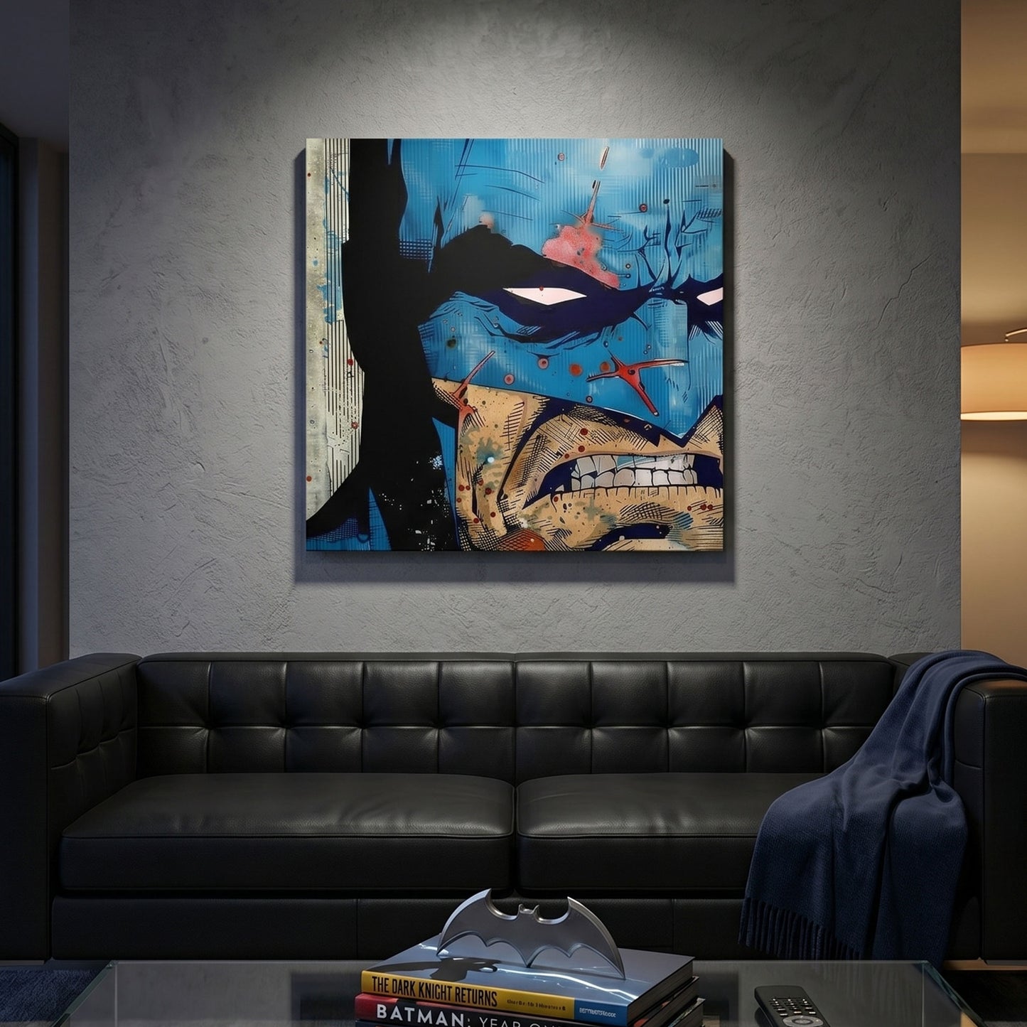 Batman canvas print on a wall above a black leather sofa in a living room.