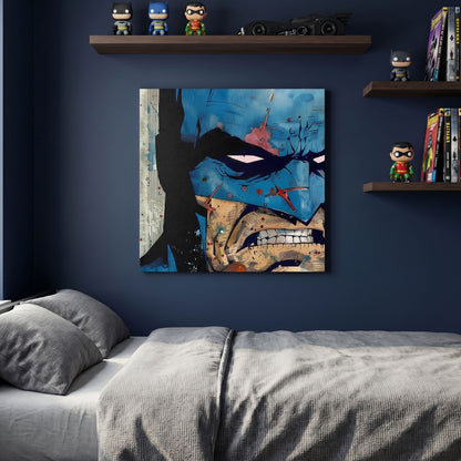 Batman canvas print on a wall above a bed with shelves containing toys and books.