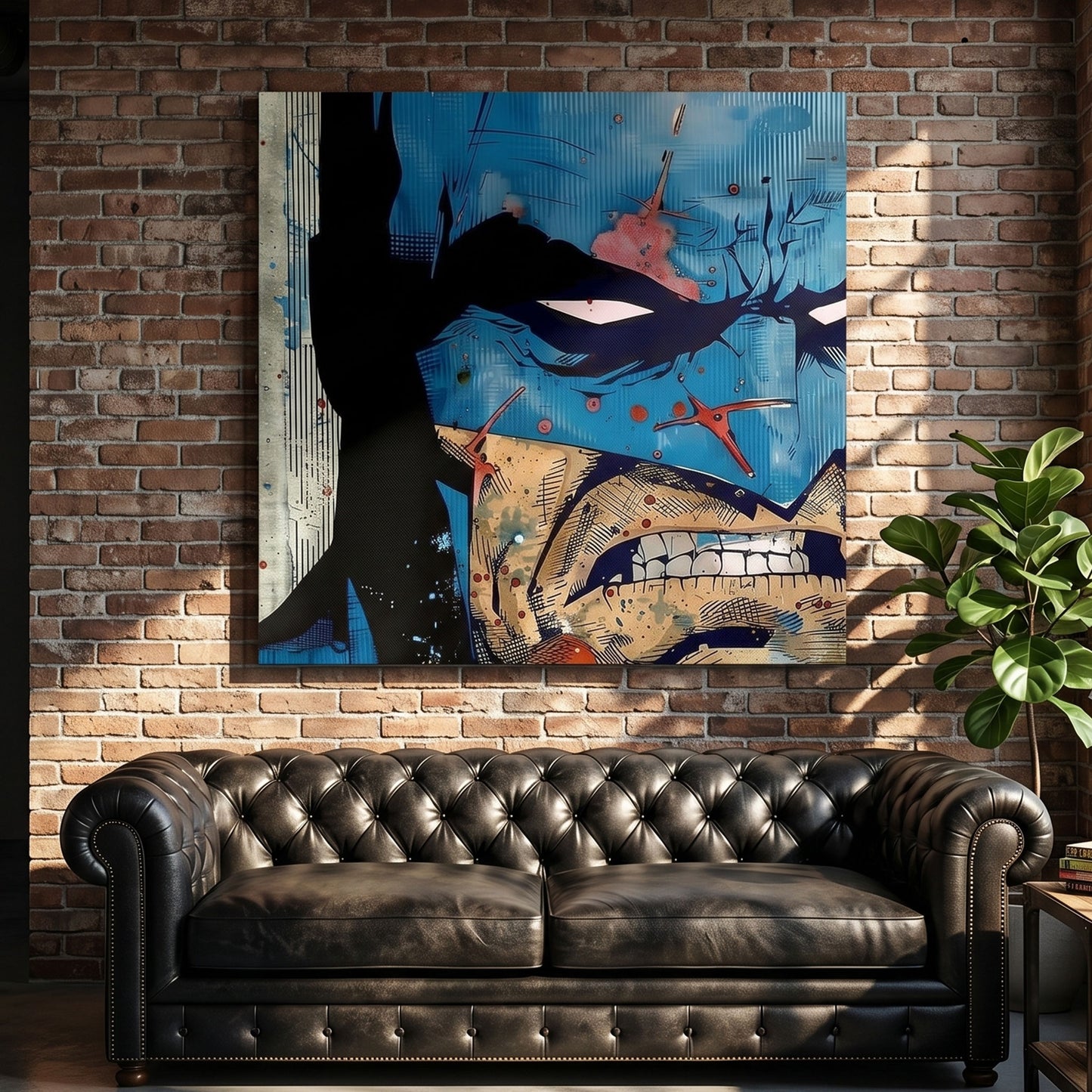 Large Batman canvas on a brick wall above a brown leather sofa