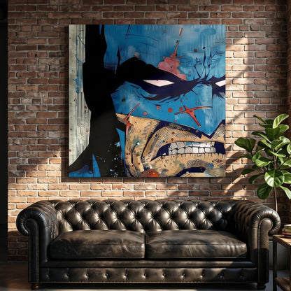 Large Batman canvas on a brick wall above a brown leather sofa