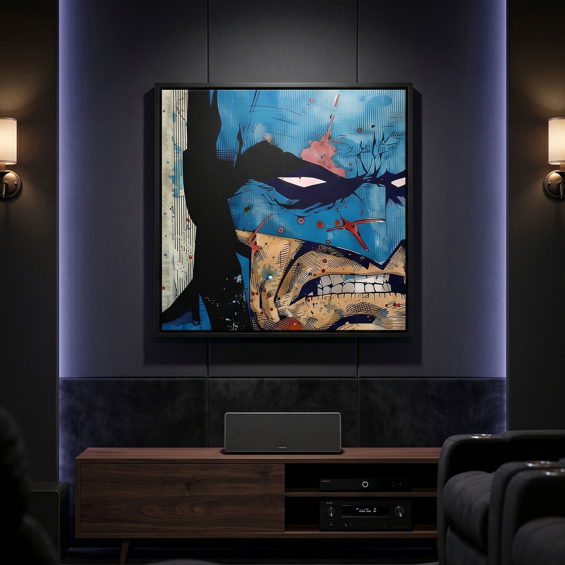 Batman black framed canvas in a modern living room setting with dark walls and a wooden cabinet.