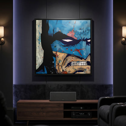 Batman black framed canvas in a modern living room setting with dark walls and a wooden cabinet.