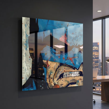 Batman metal print on a dark wall with a cityscape visible through a window.