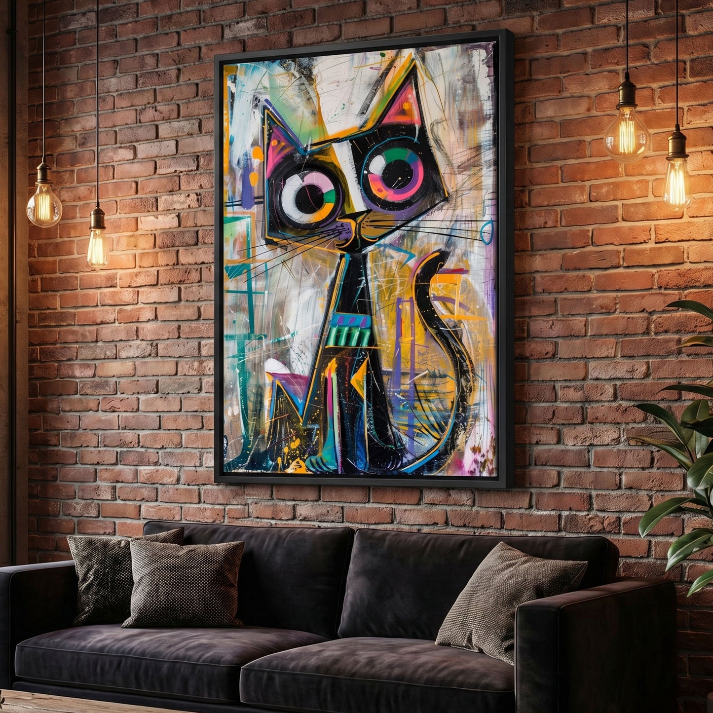 Abstract cat painting on a brick wall above a dark sofa.