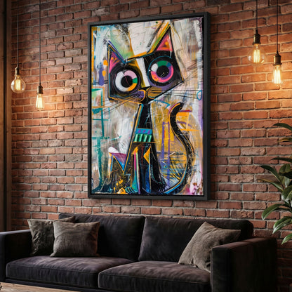 Abstract cat painting on a brick wall above a dark sofa.