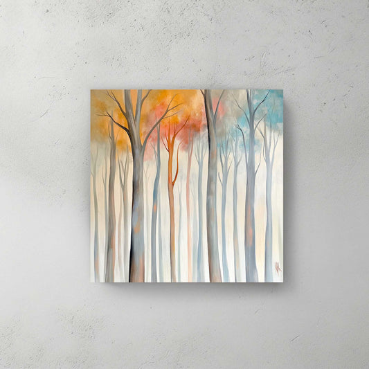 Minimalist landscape art featuring a serene woodland scene with delicate tree