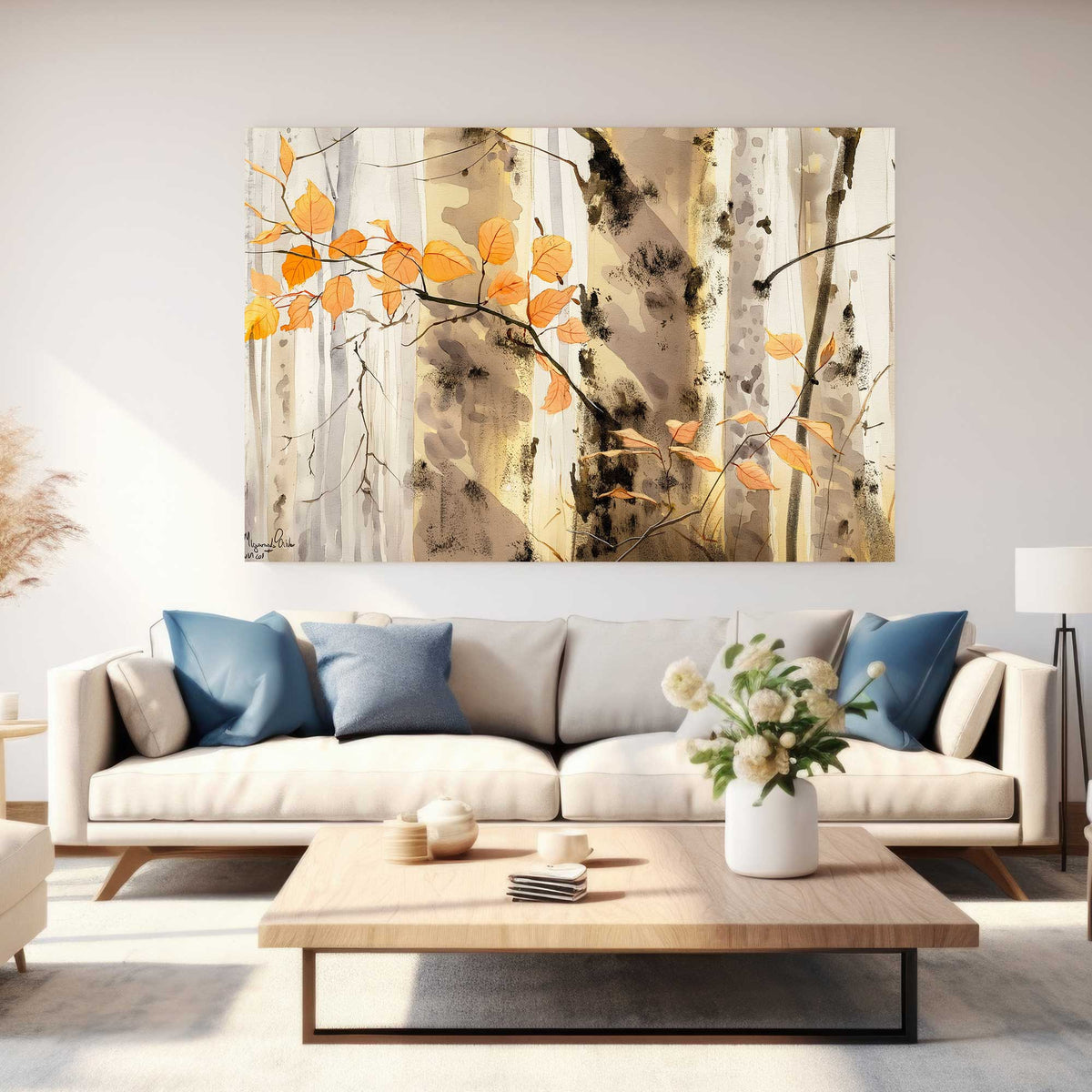 serene birch forest wall art decor with warm tones