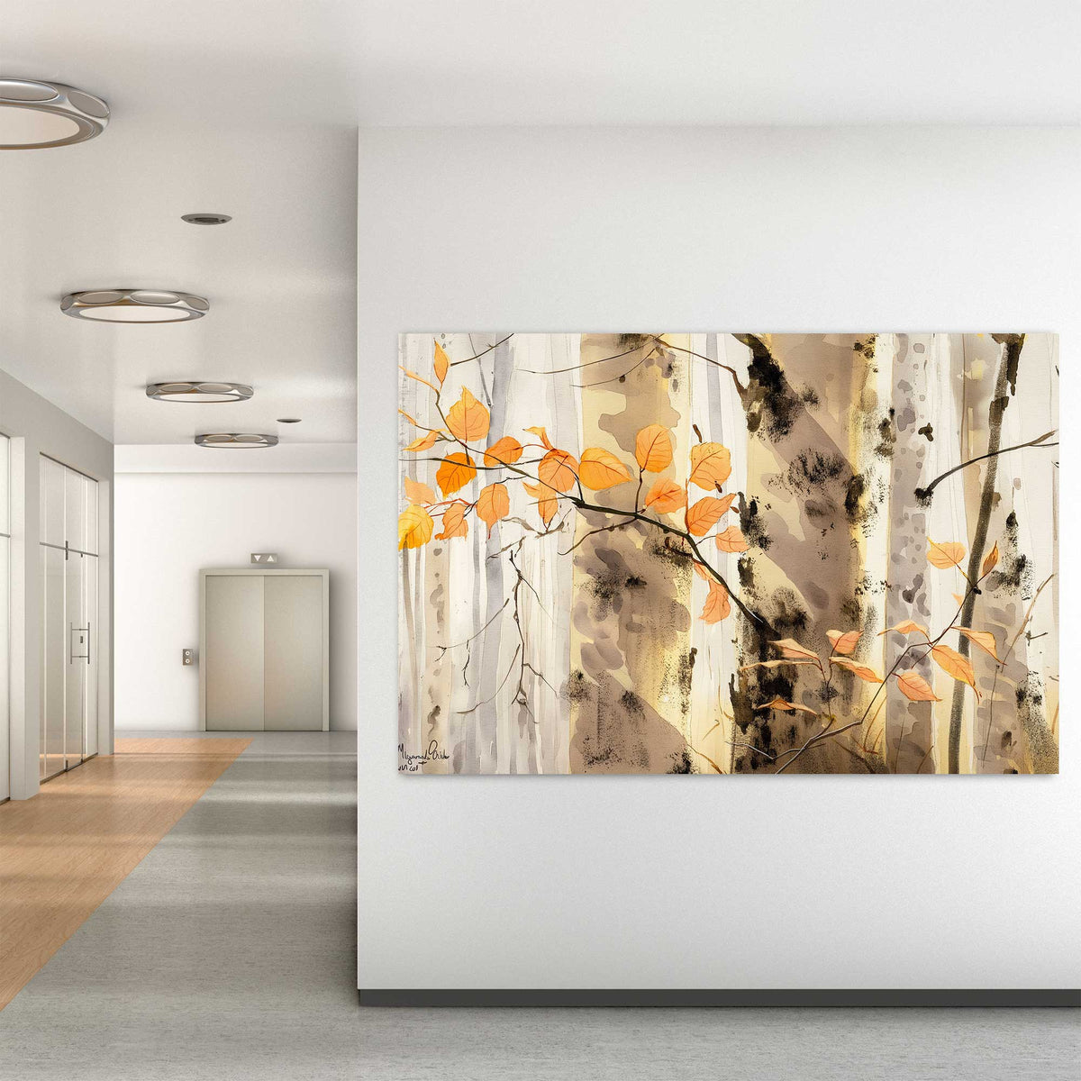 serene birch forest wall art decor with warm tones
