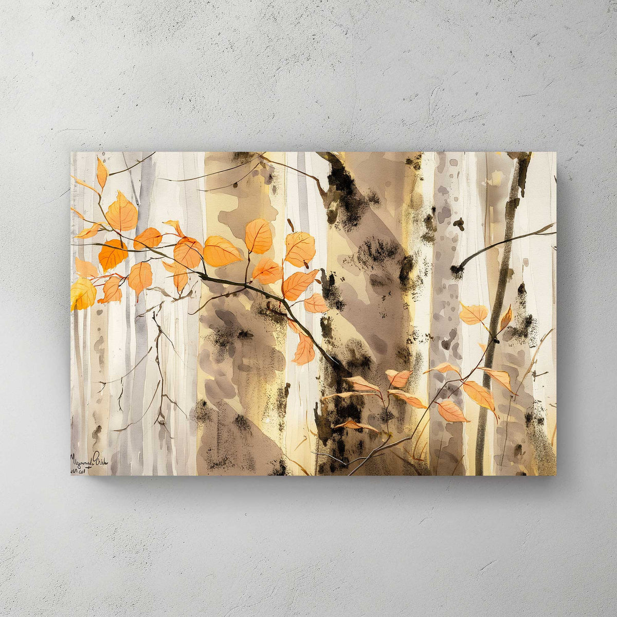 serene birch forest wall art decor with warm tones