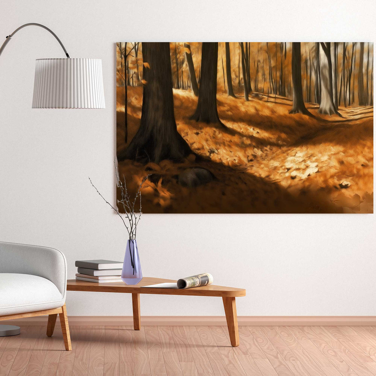 autumn forest path wall art print with golden leaves