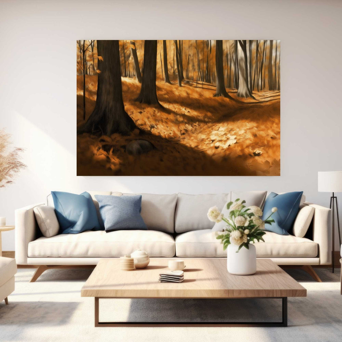 autumn forest path wall art print with golden leaves