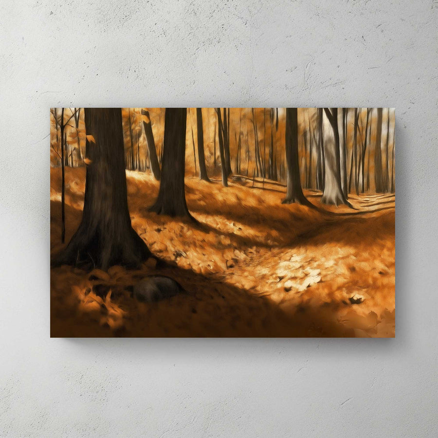 autumn forest path wall art print with golden leaves