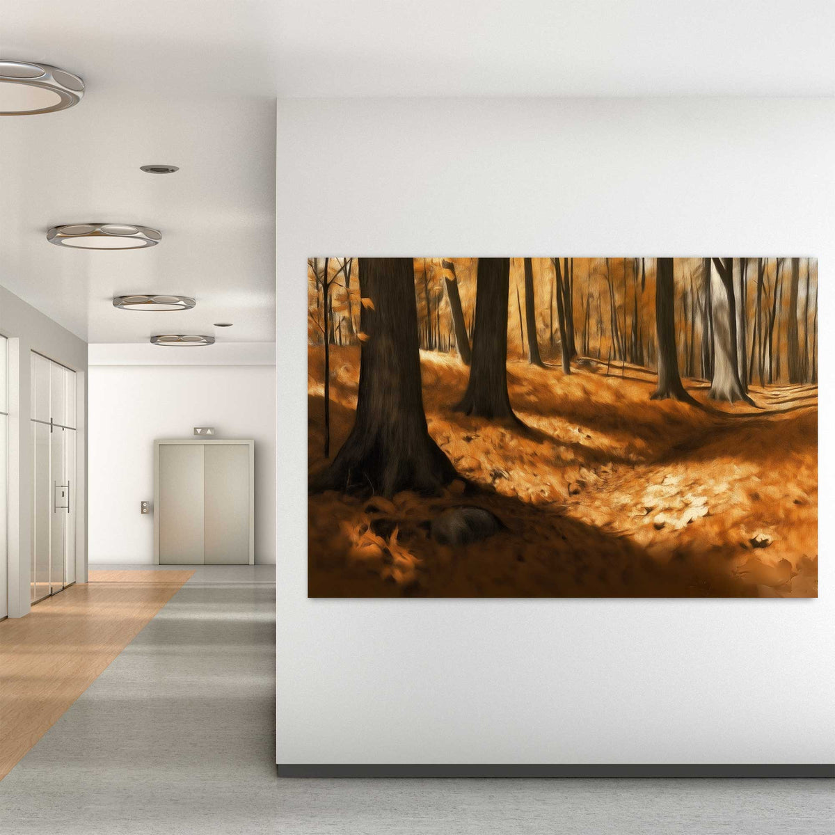 autumn forest path wall art print with golden leaves
