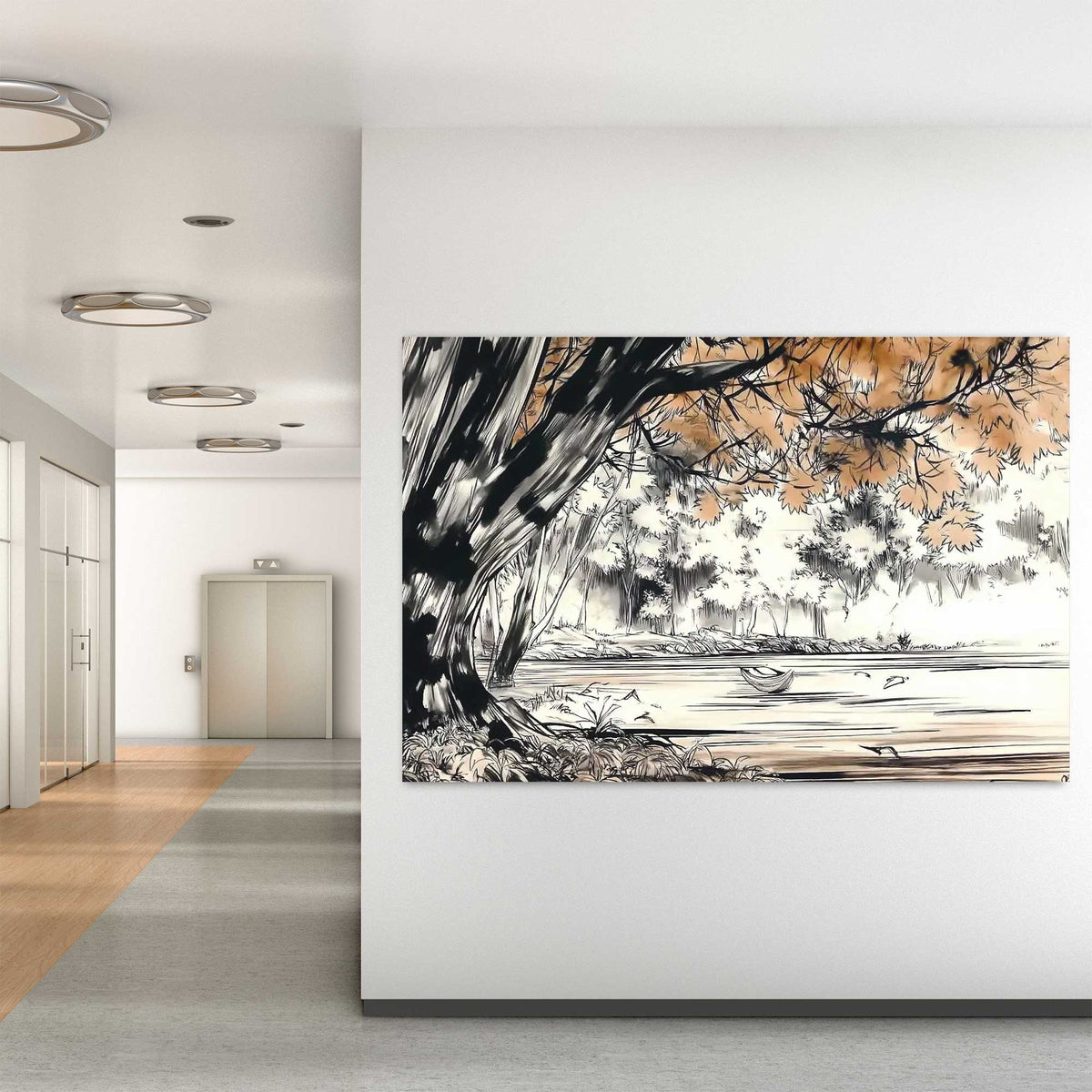 tranquil riverside ink wall art print with trees
