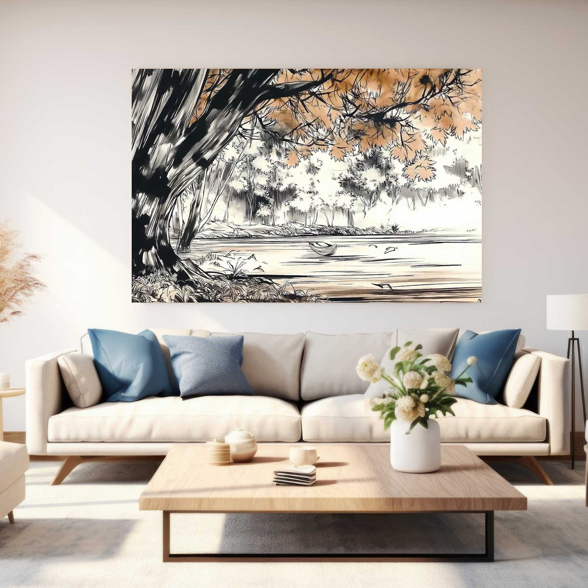 tranquil riverside ink wall art print with trees
