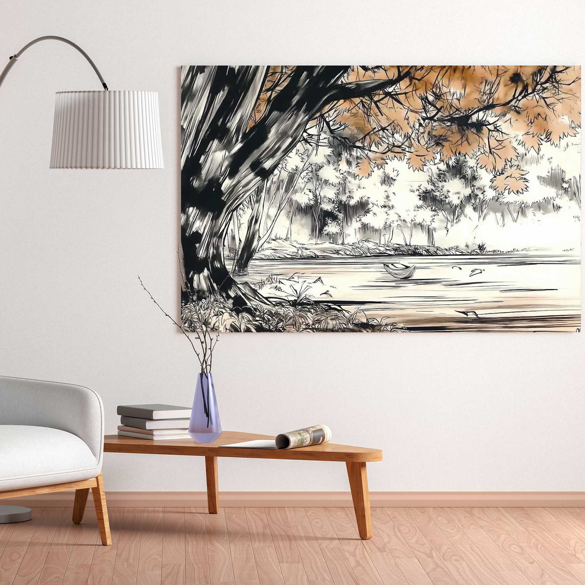 tranquil riverside ink wall art print with trees