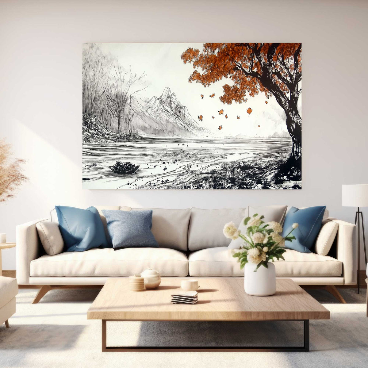 autumn tree ink wall art print with falling leaves