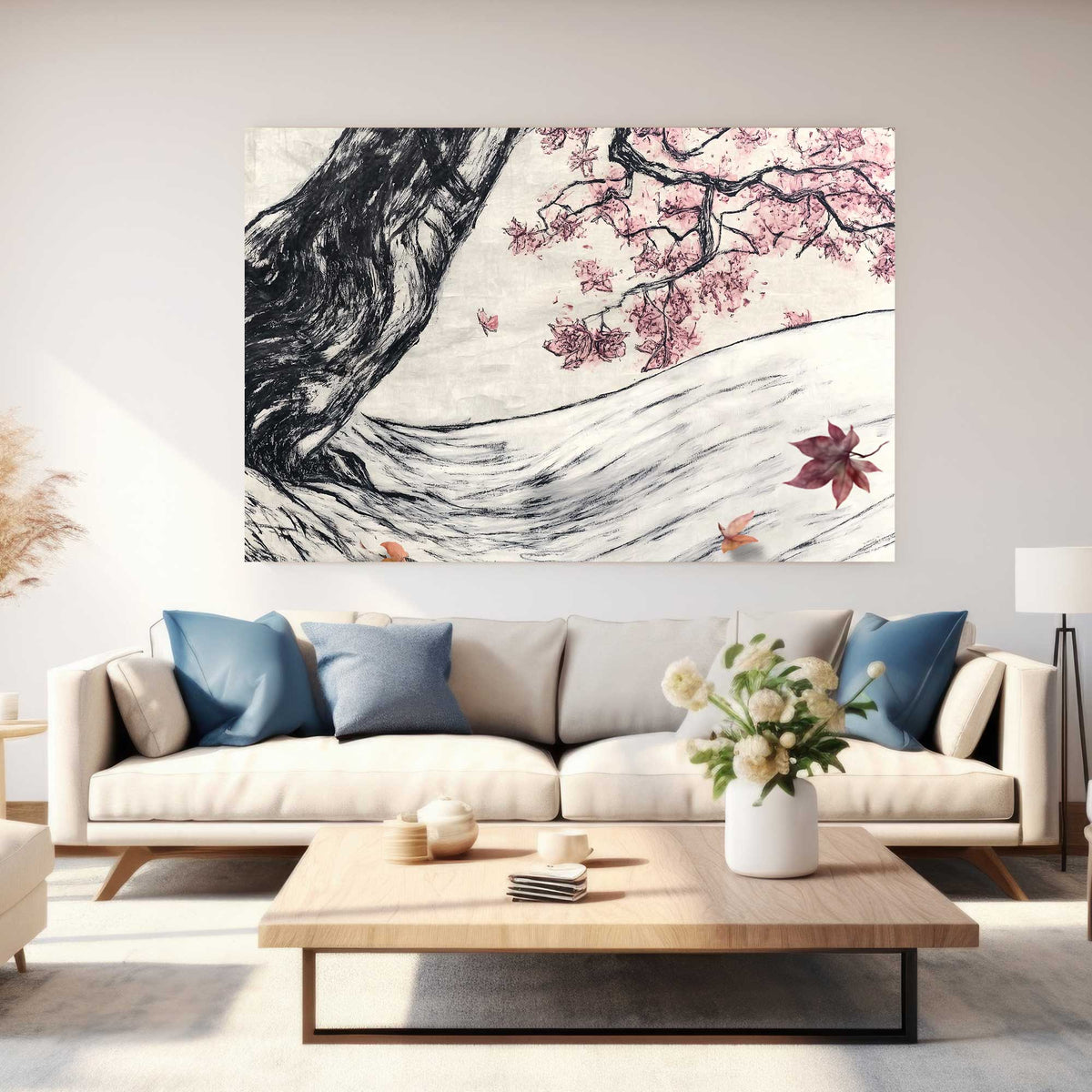 Cherry blossom ink wall art print with soft shading
