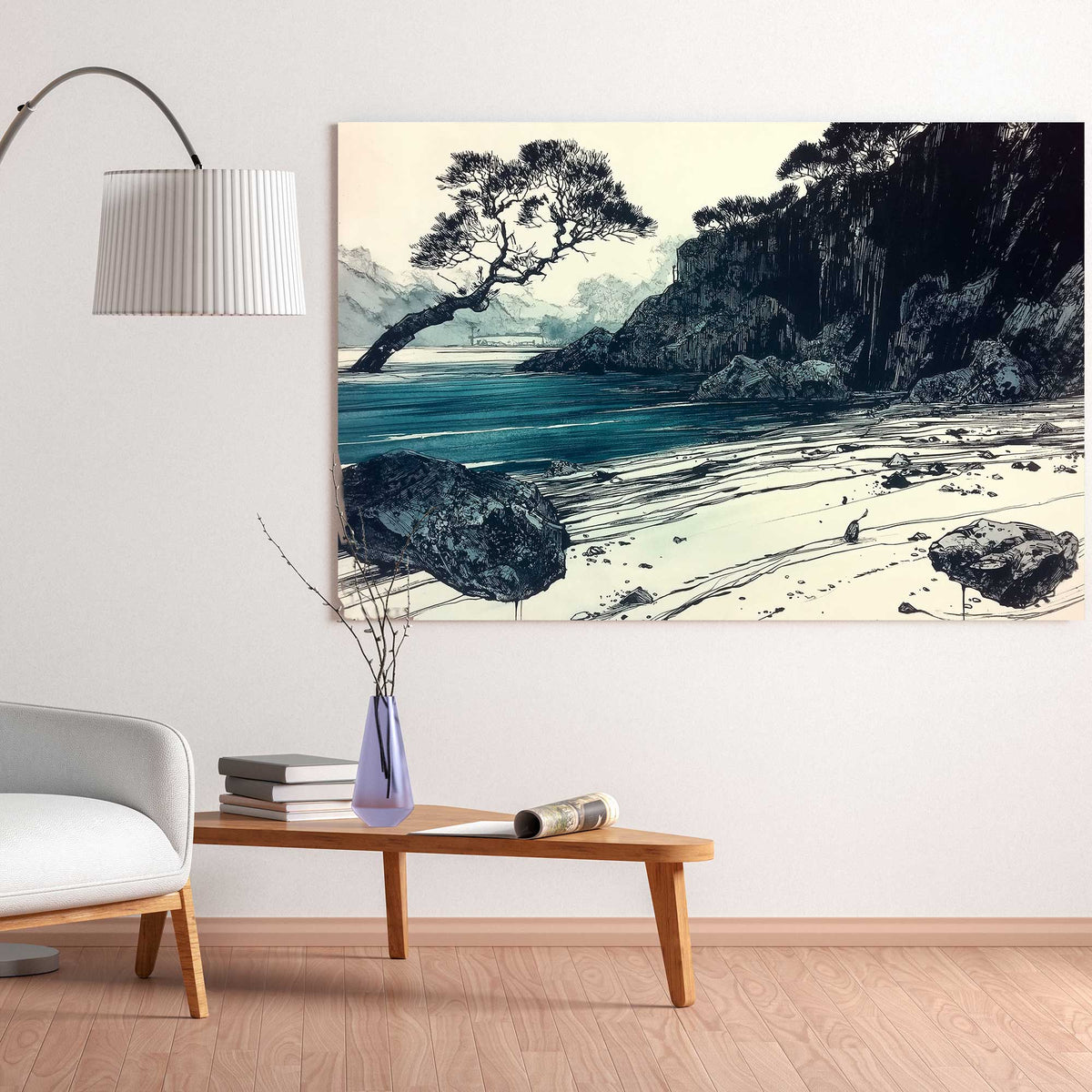 Coastal ink sketch wall art print with blue seascape