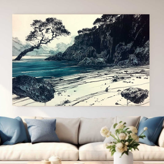 Coastal ink sketch wall art print with blue seascape