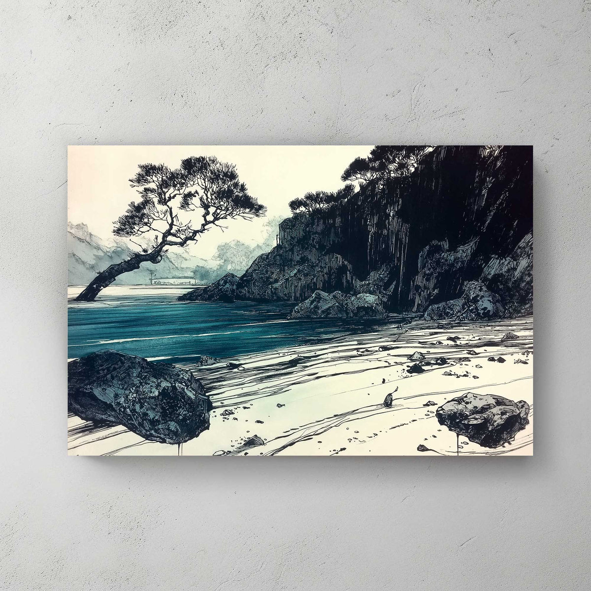 Coastal ink sketch wall art print with blue seascape