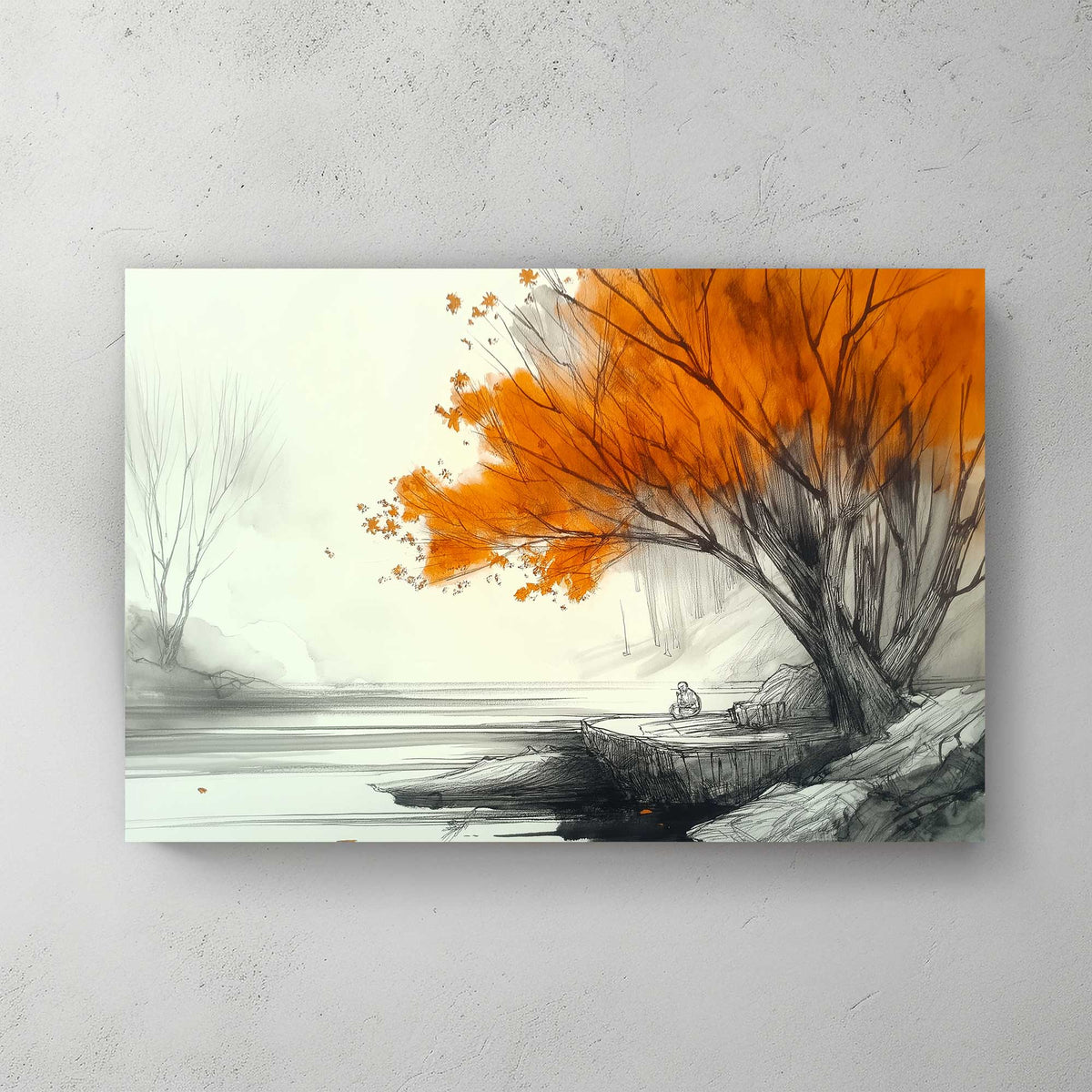 Minimalist autumn tree wall art print with lake view