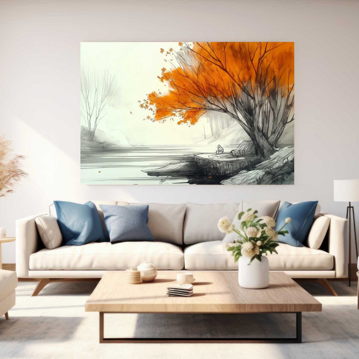 Minimalist autumn tree wall art print with lake view