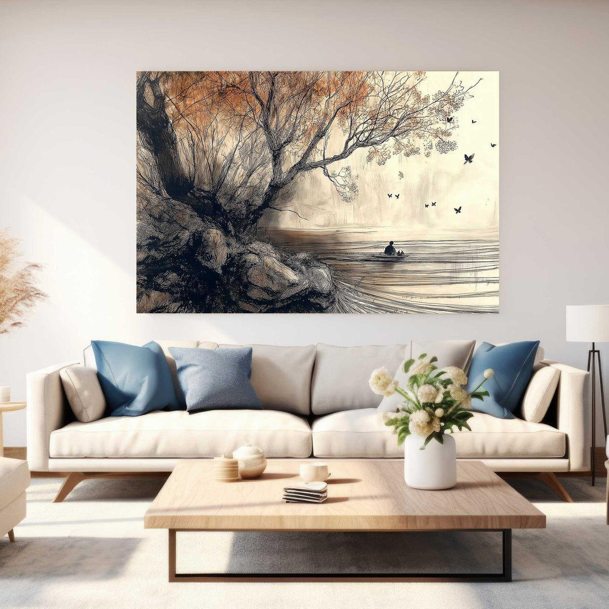 Peaceful landscape wall art print in earthy tones