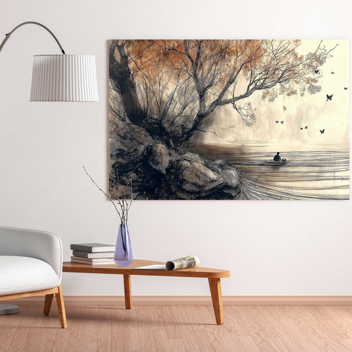 Peaceful landscape wall art print in earthy tones