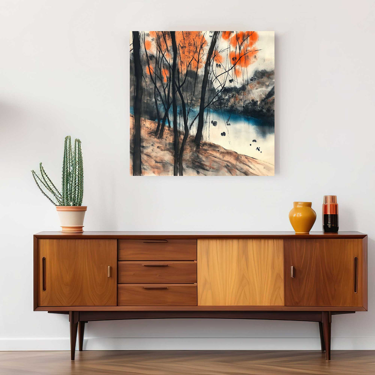 Minimalist Chinese brush art print of a peaceful riverbank lined with slender trees