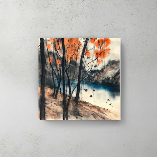 Minimalist Chinese brush art print of a peaceful riverbank lined with slender trees