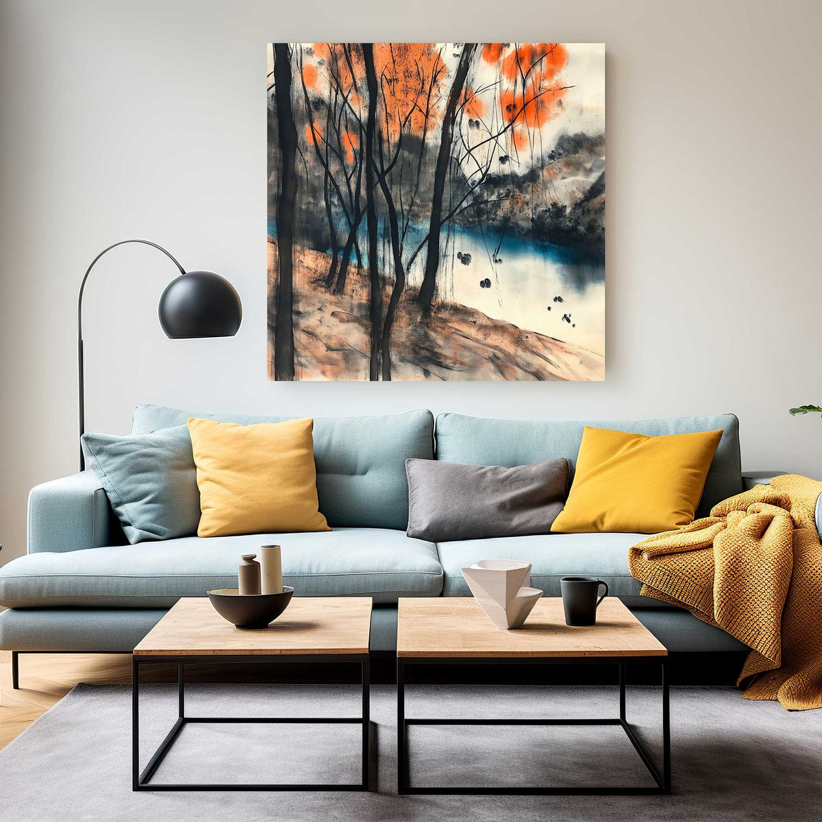 Minimalist Chinese brush art print of a peaceful riverbank lined with slender trees
