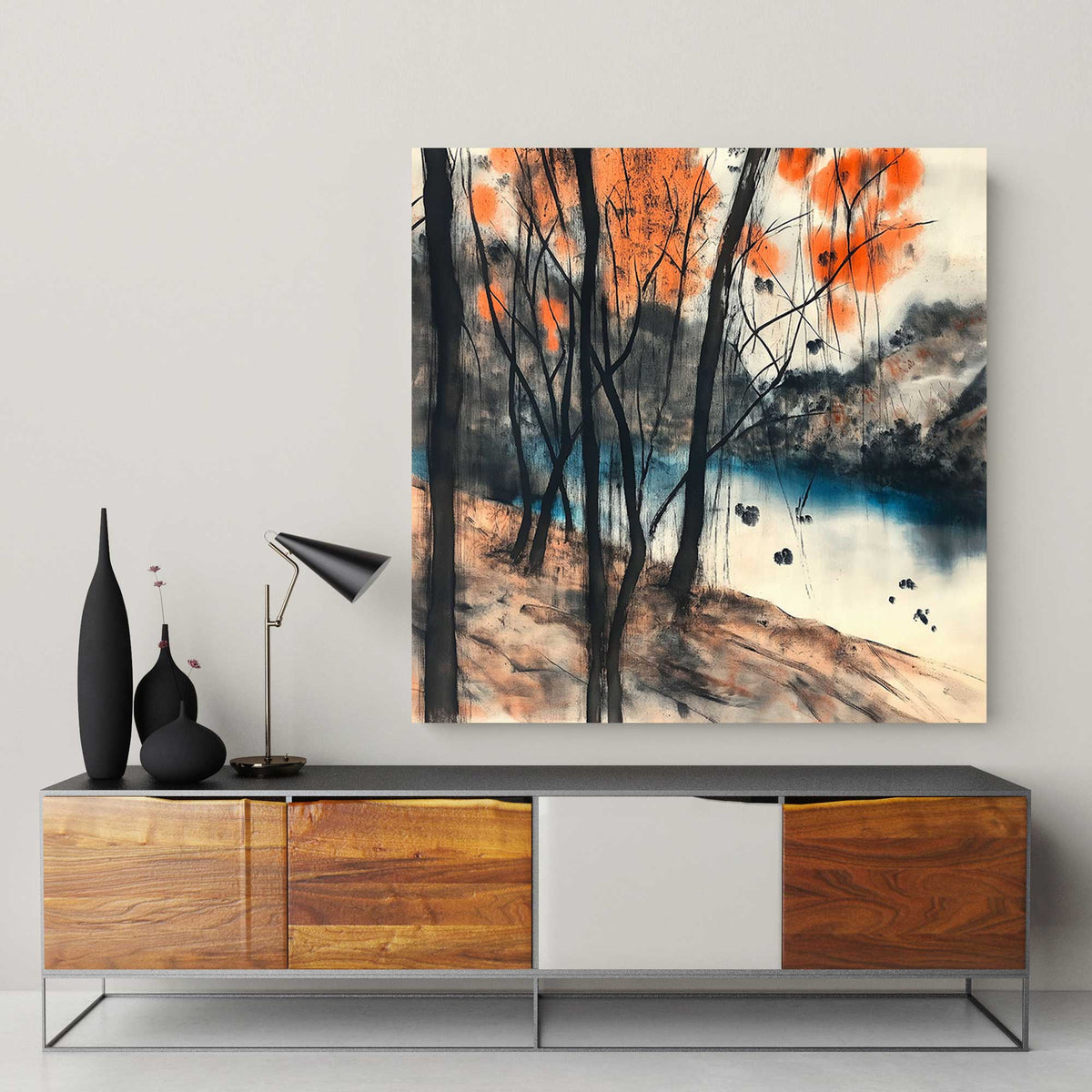 Minimalist Chinese brush art print of a peaceful riverbank lined with slender trees