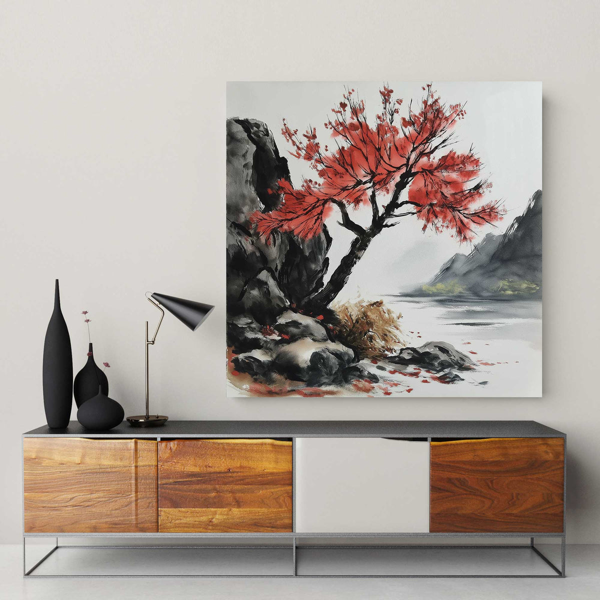 Watercolour-style wall art print of a dramatic crimson tree rooted in the rocks