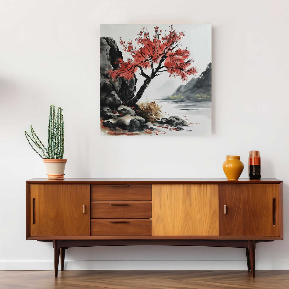Watercolour-style wall art print of a dramatic crimson tree rooted in the rocks