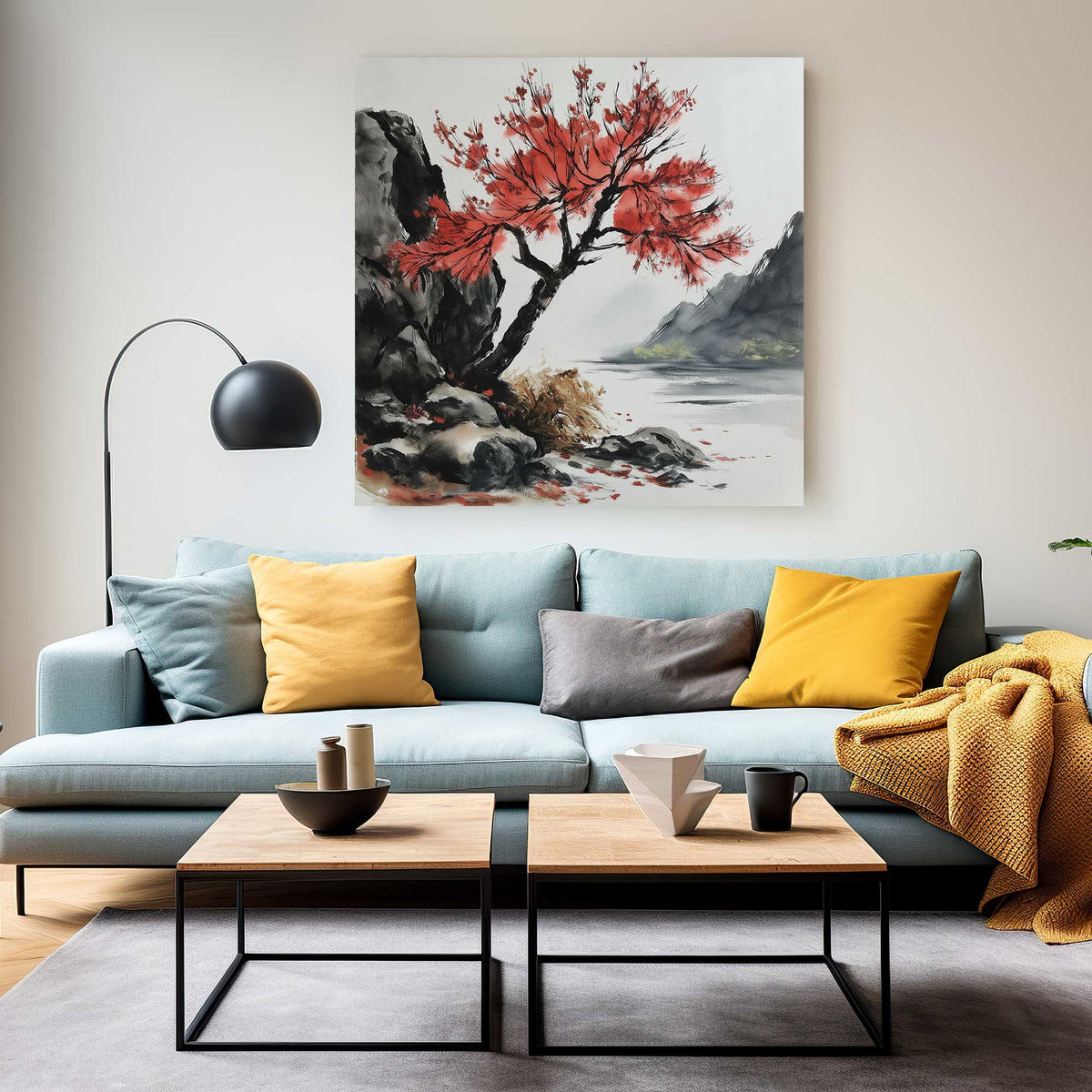 Watercolour-style wall art print of a dramatic crimson tree rooted in the rocks