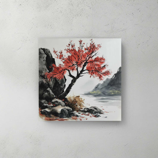 Watercolour-style wall art print of a dramatic crimson tree rooted in the rocks