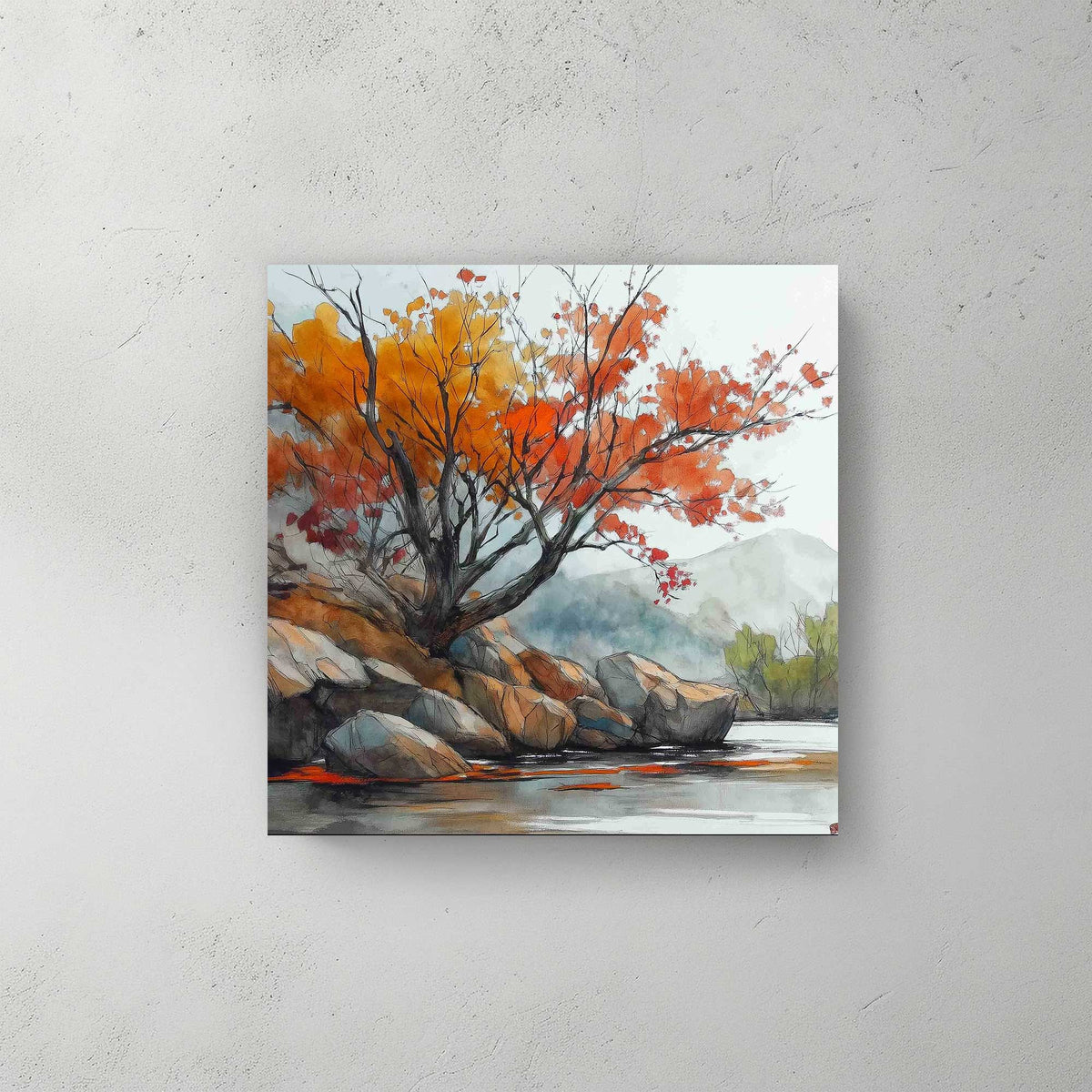 Japanese-inspired watercolour wall art print of a vibrant autumn scene with a river