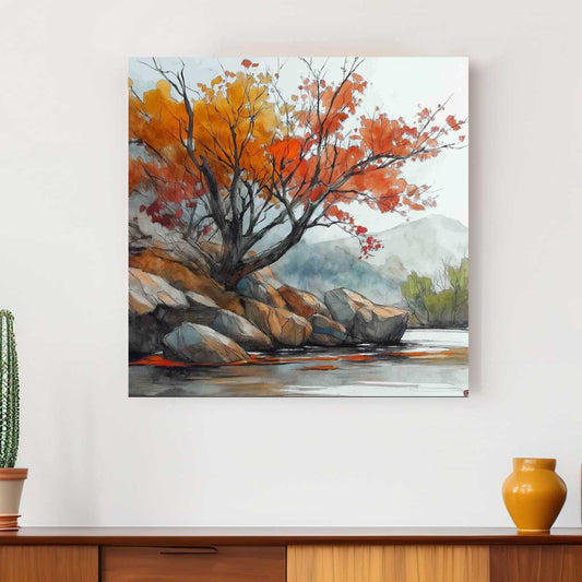 Japanese-inspired watercolour wall art print of a vibrant autumn scene with a river