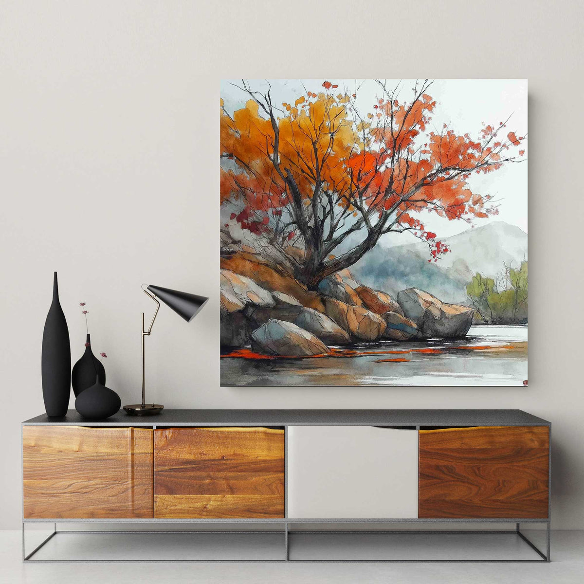 Japanese-inspired watercolour wall art print of a vibrant autumn scene with a river