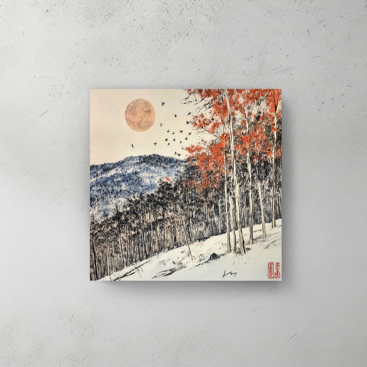 Japanese wall art decor of a winter forest with vibrant red foliage