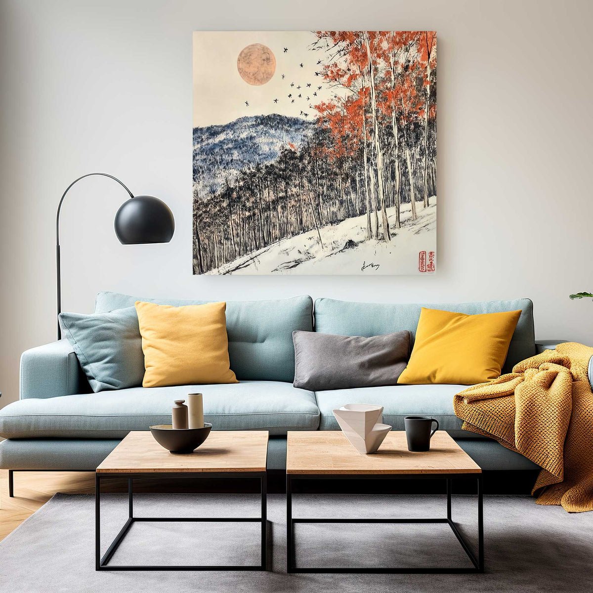 Japanese wall art decor of a winter forest with vibrant red foliage