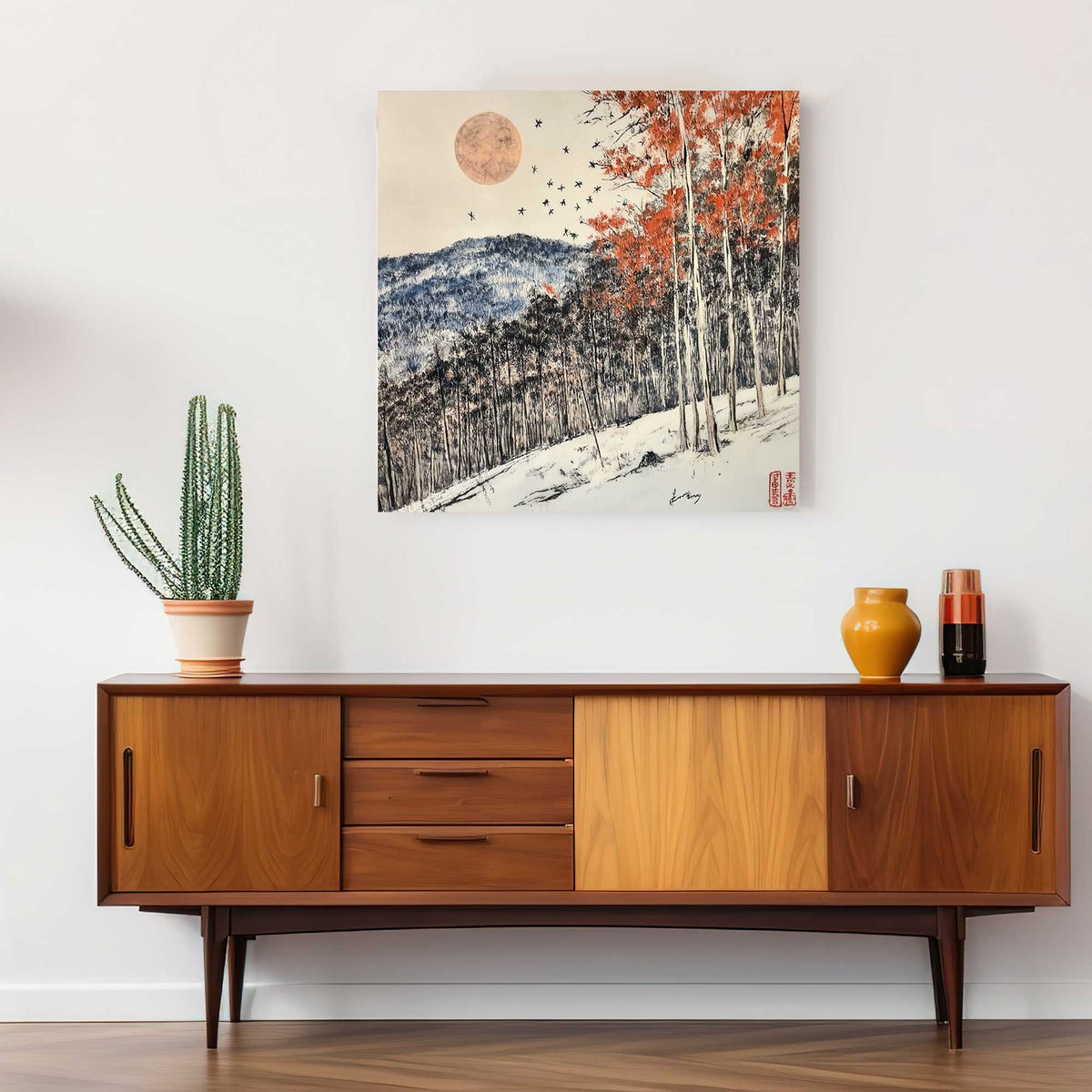 Japanese wall art decor of a winter forest with vibrant red foliage
