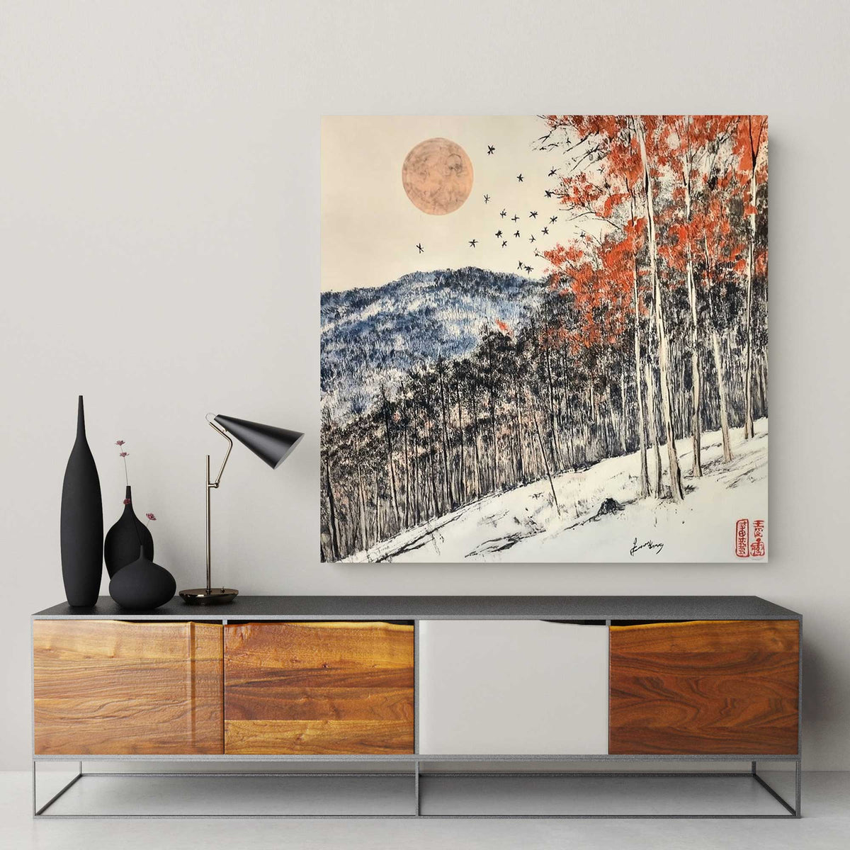 Japanese wall art decor of a winter forest with vibrant red foliage