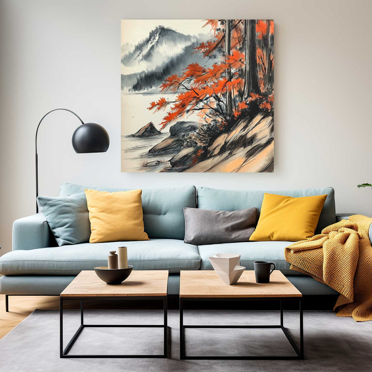 Serene Japanese ink wall art print of a mountain lake with vibrant red autumn foliage