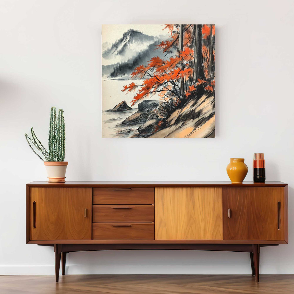 Serene Japanese ink wall art print of a mountain lake with vibrant red autumn foliage